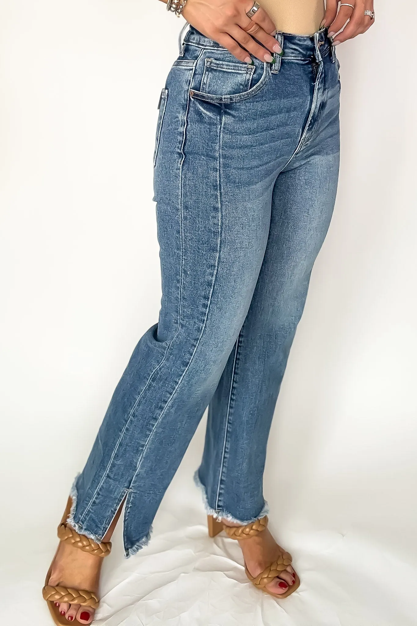 RISEN High Waist Raw Hem Slit Straight Jeans