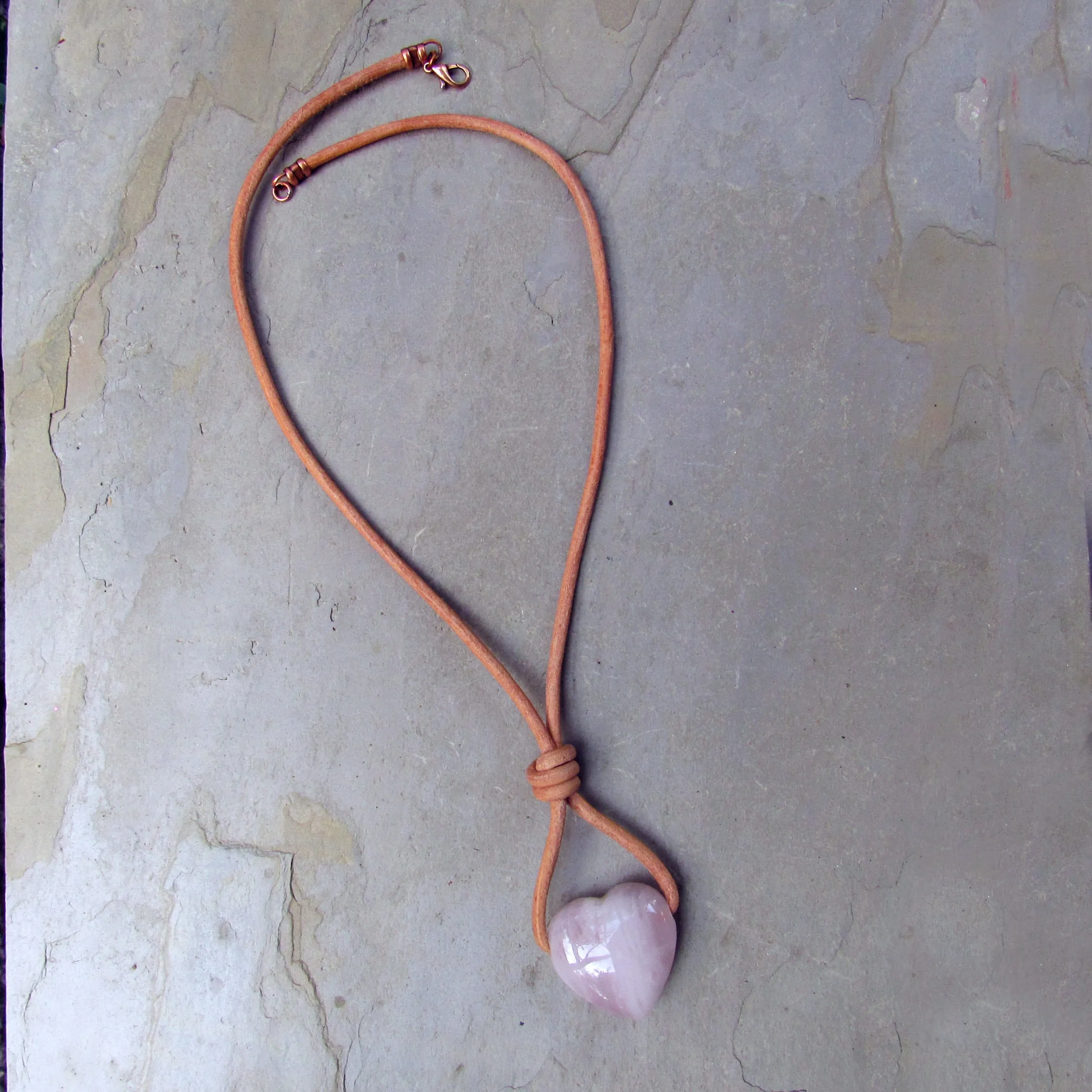 Rose Quartz Heart Pendant on Leather with Copper Clasp