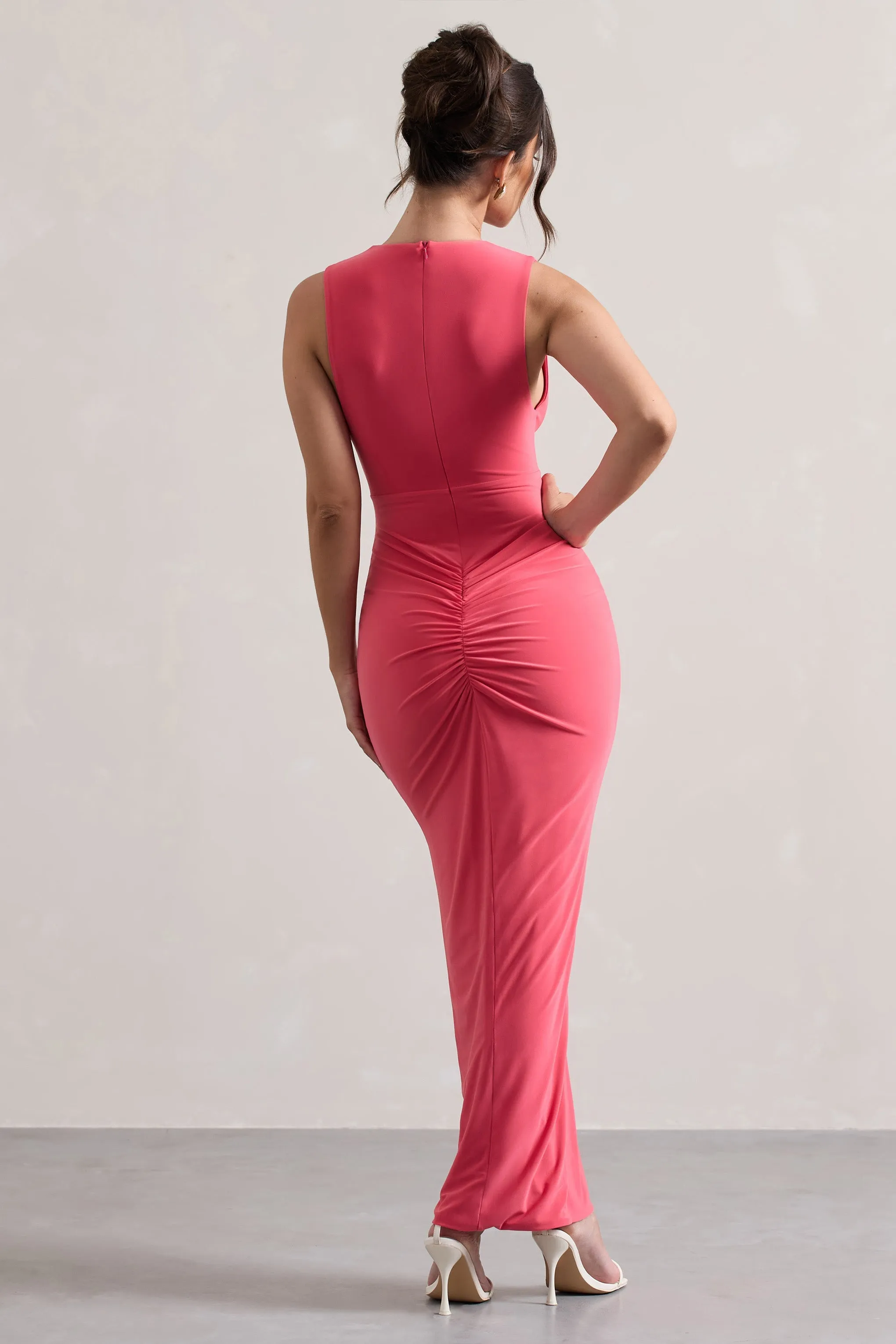 Santana | Coral Plunge-Neck Split Maxi Dress With Knot Detail