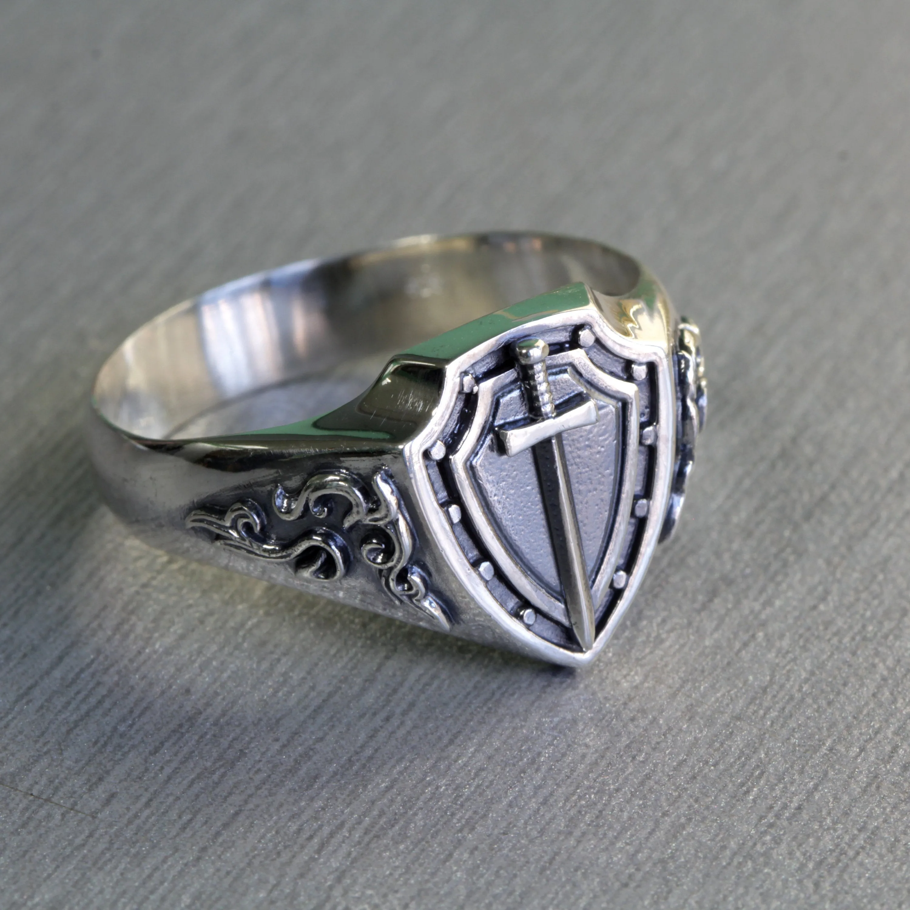 Shield and Sword Solid Sterling Silver Mens Ring Signet