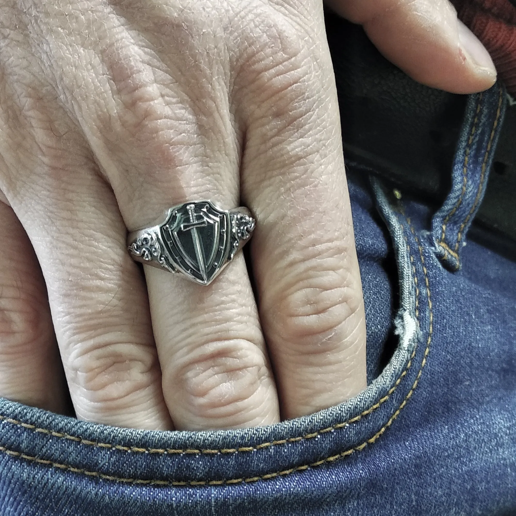 Shield and Sword Solid Sterling Silver Mens Ring Signet