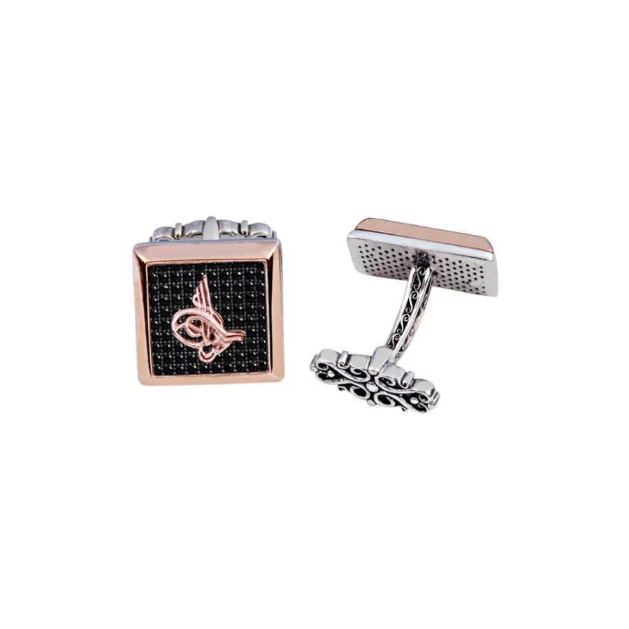 Silver Black Zircon Stone Top Tughra Square Cufflink