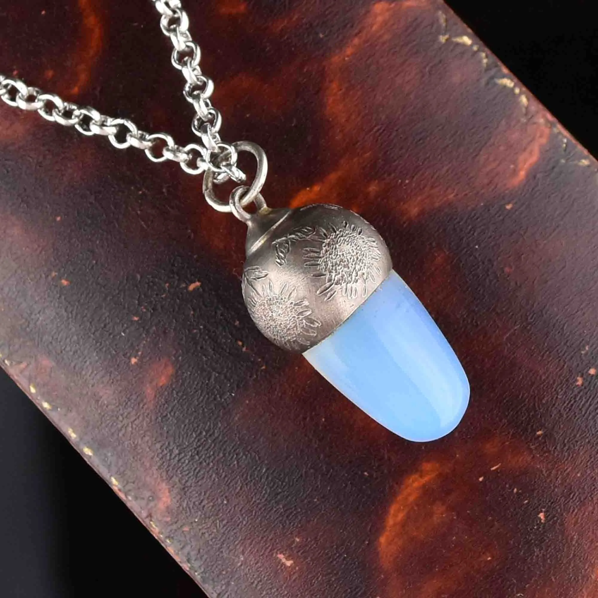 Silver Opaline Sunflower Acorn Charm Pendant Necklace