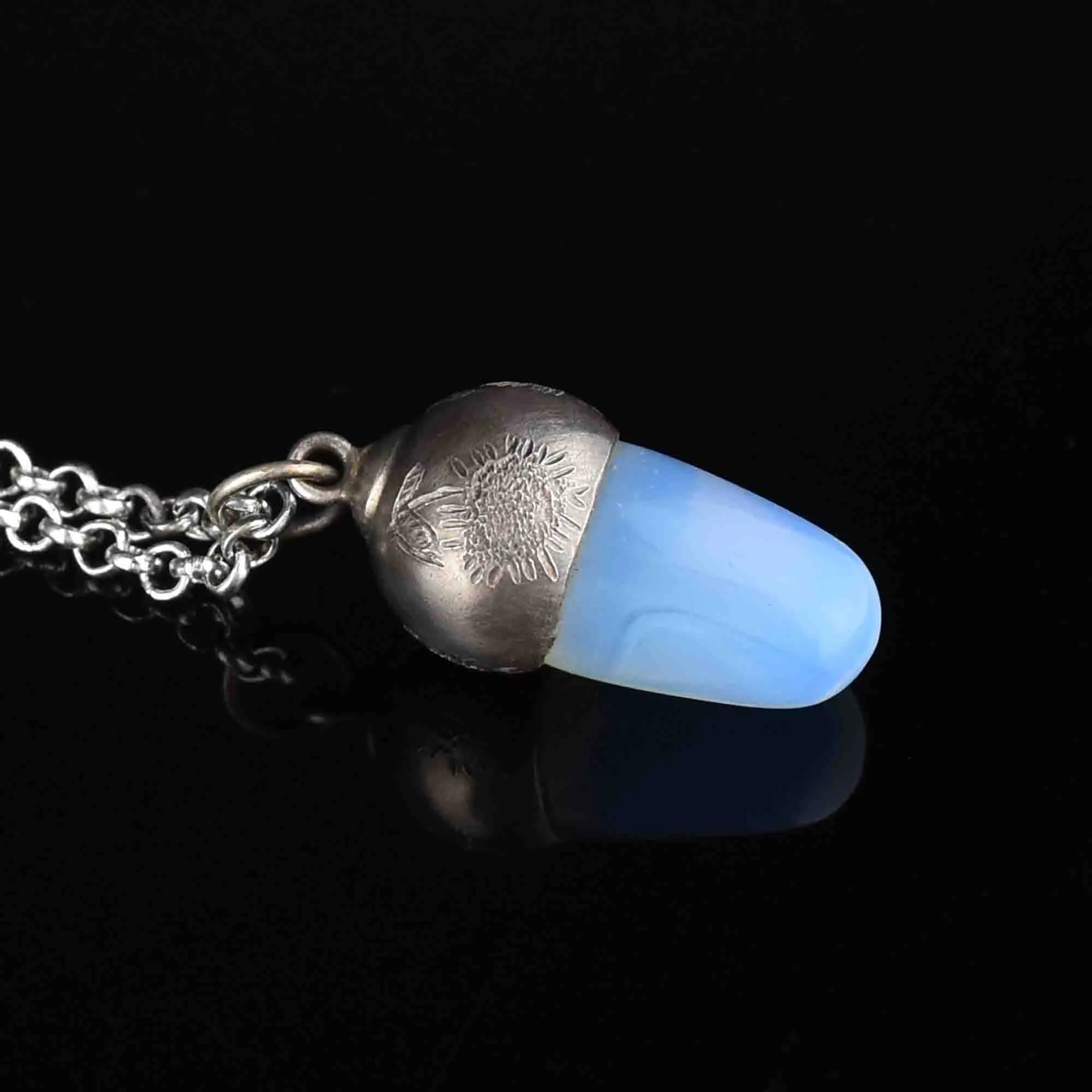 Silver Opaline Sunflower Acorn Charm Pendant Necklace