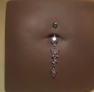 Steel Dangling Butterfly Gem Triangle Navel Belly Button Ring