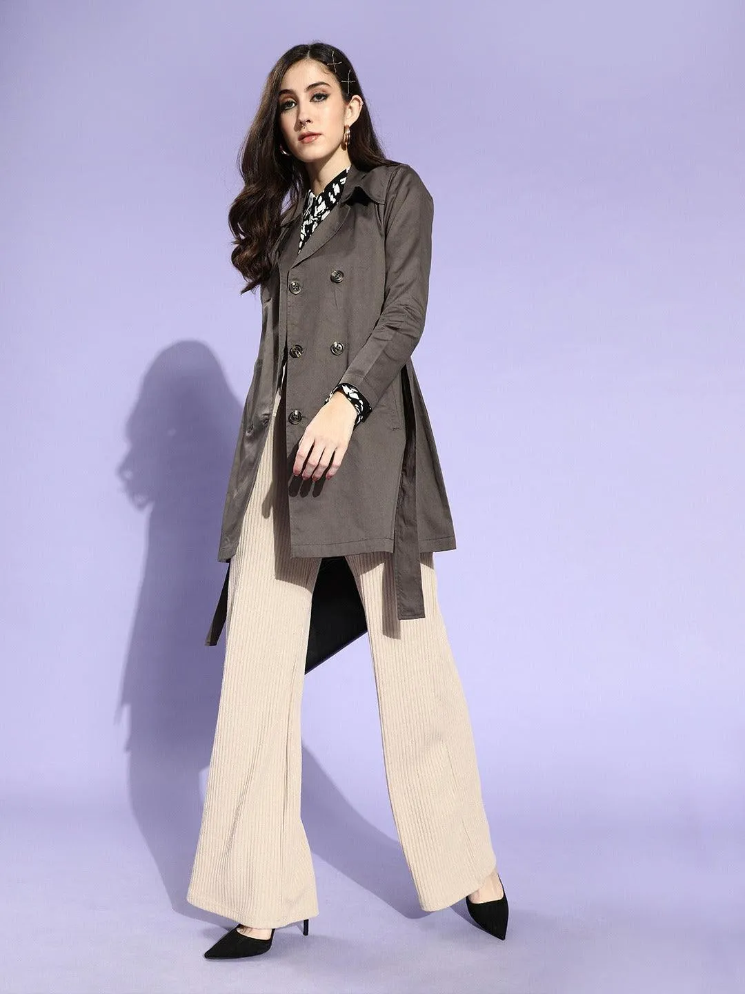 Style Quotient Women Grey Solid Double Breasted Trench Coat