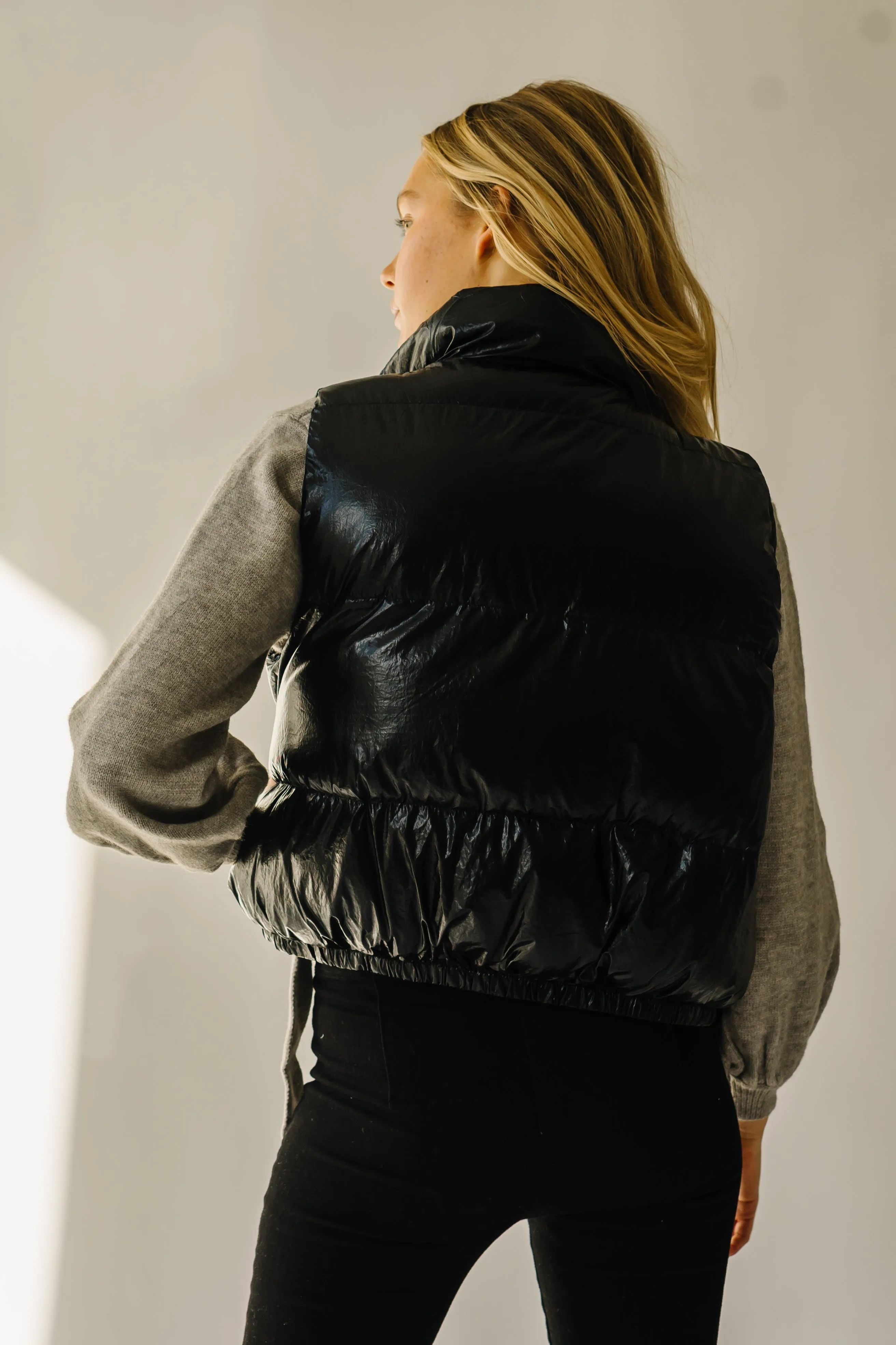 The Galveston Shiny Metallic Puffer Vest in Black