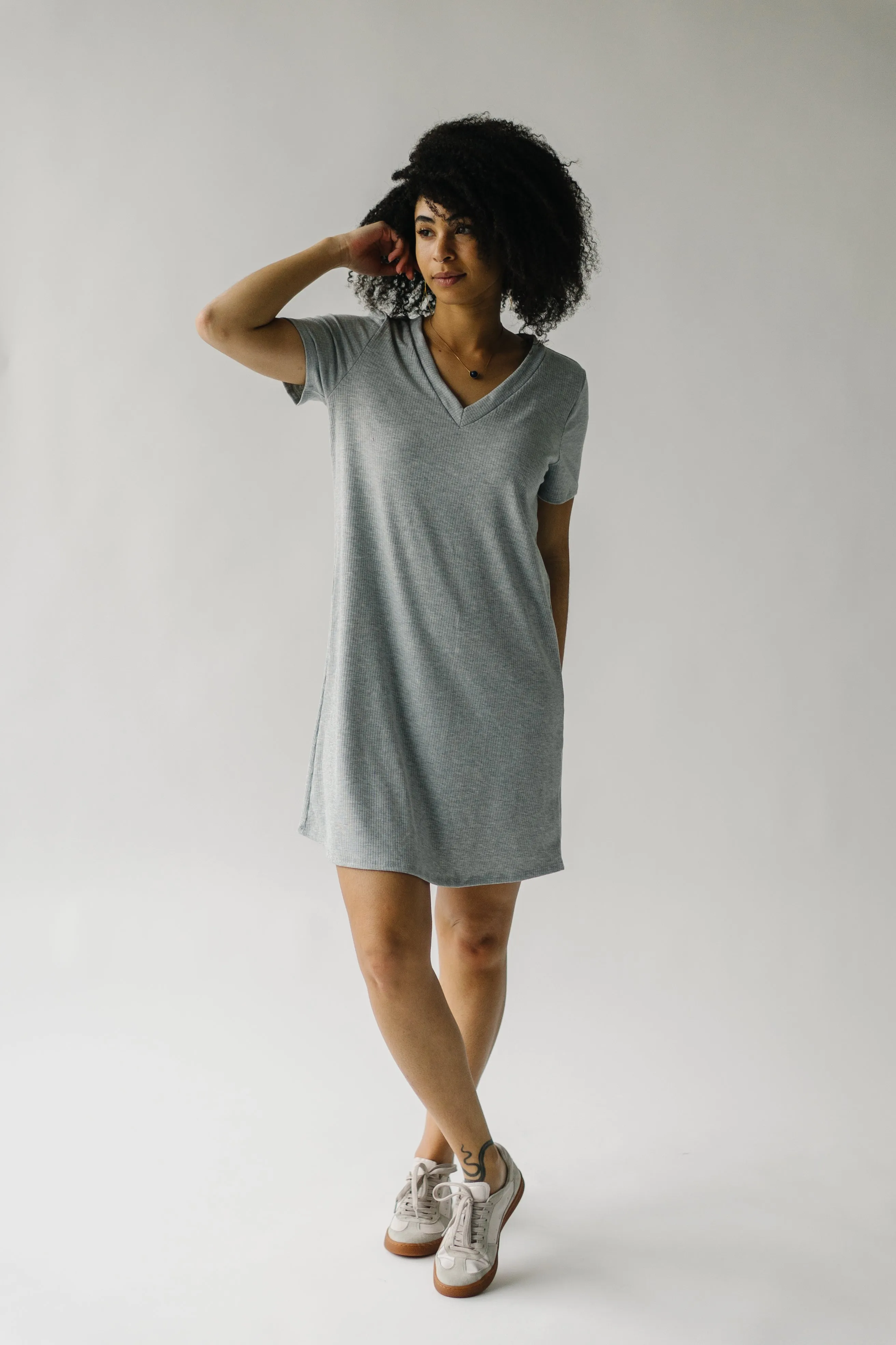 The Nyman Ribbed V-Neck Tee Dress in Heather Grey