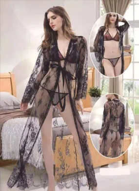 Transparent Black Nighty Bridal Nighty Set 3 Pcs Long Transparent Nighty With Bra Set