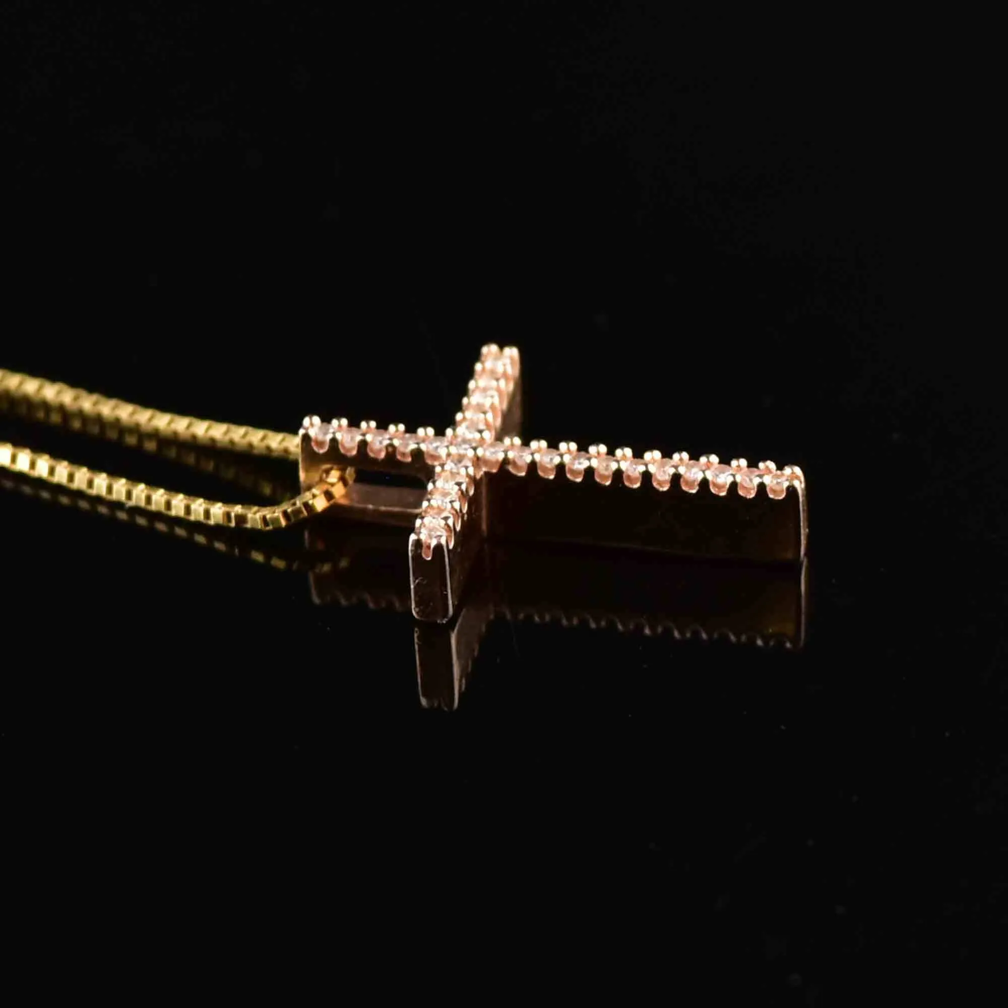 Vintage 10K Rose Gold Diamond Cross Pendant Necklace