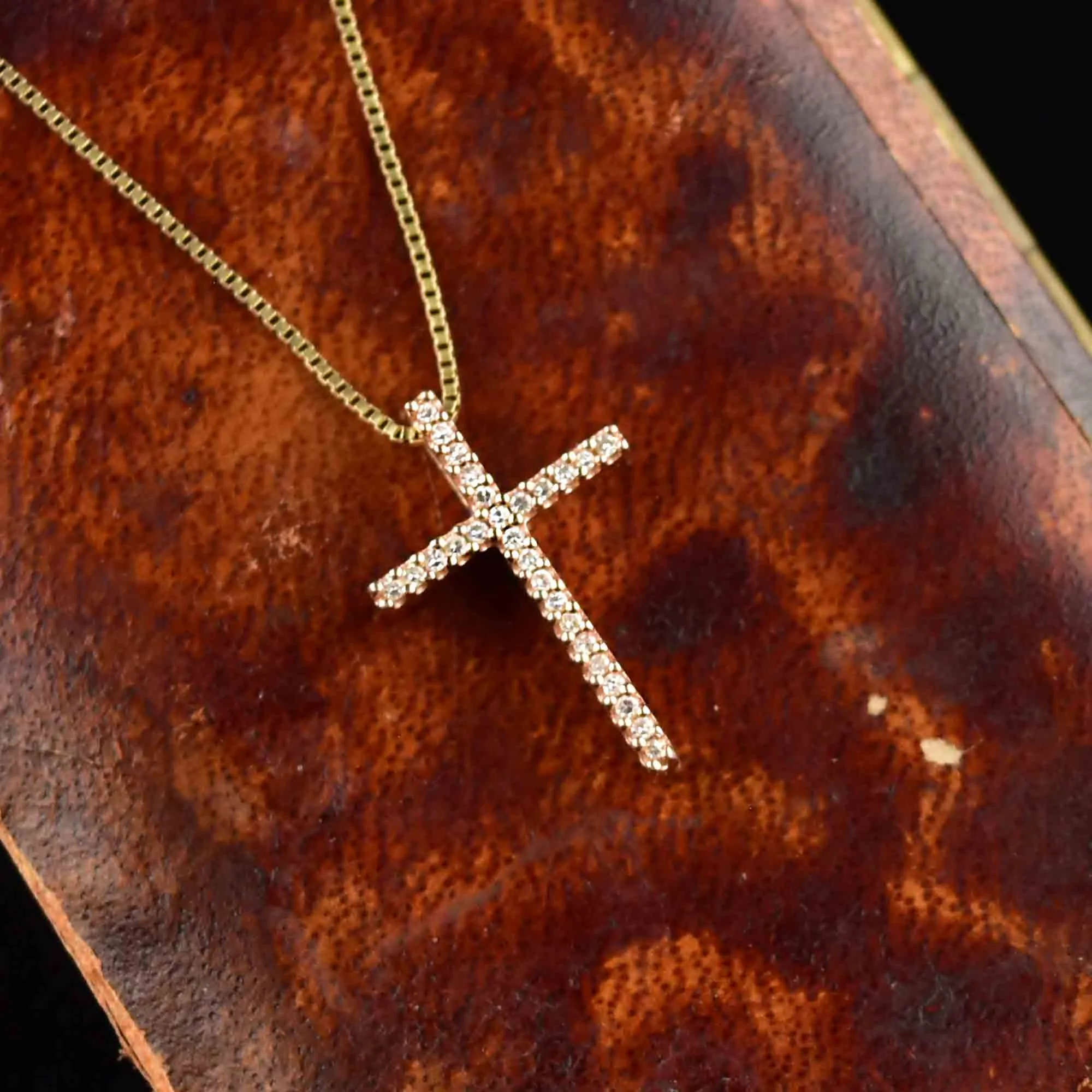 Vintage 10K Rose Gold Diamond Cross Pendant Necklace