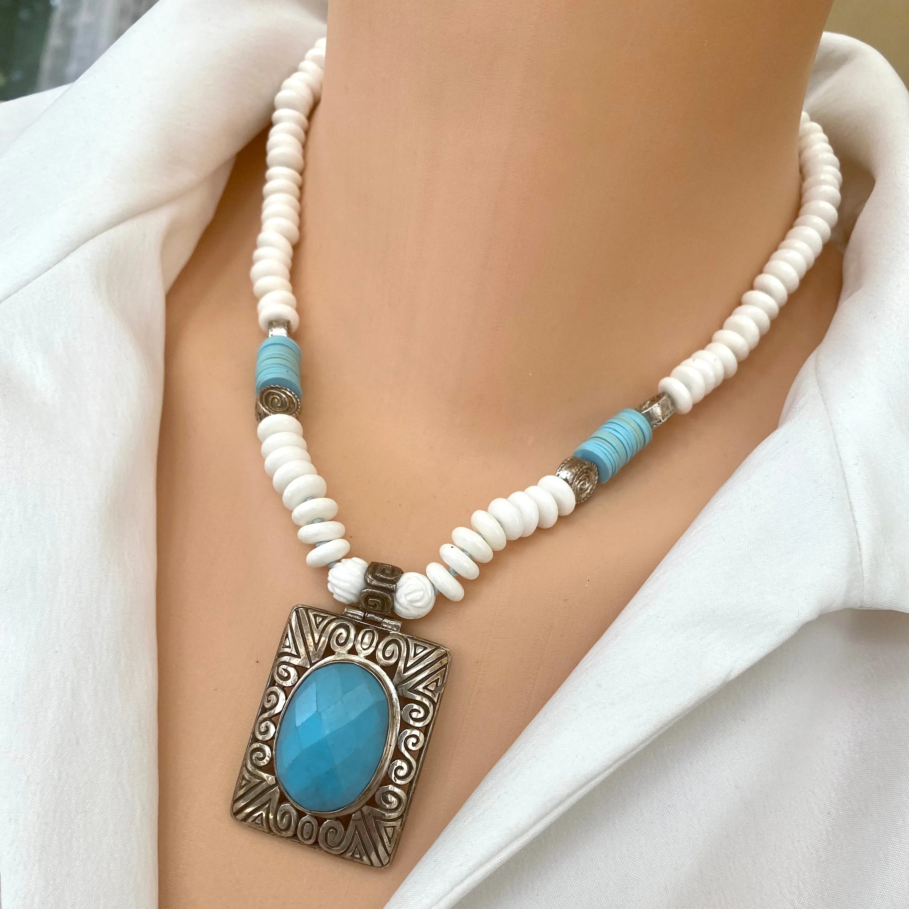 Vintage Turquoise Pendant with Tridacna Shell Beads Necklace, 17.5inches