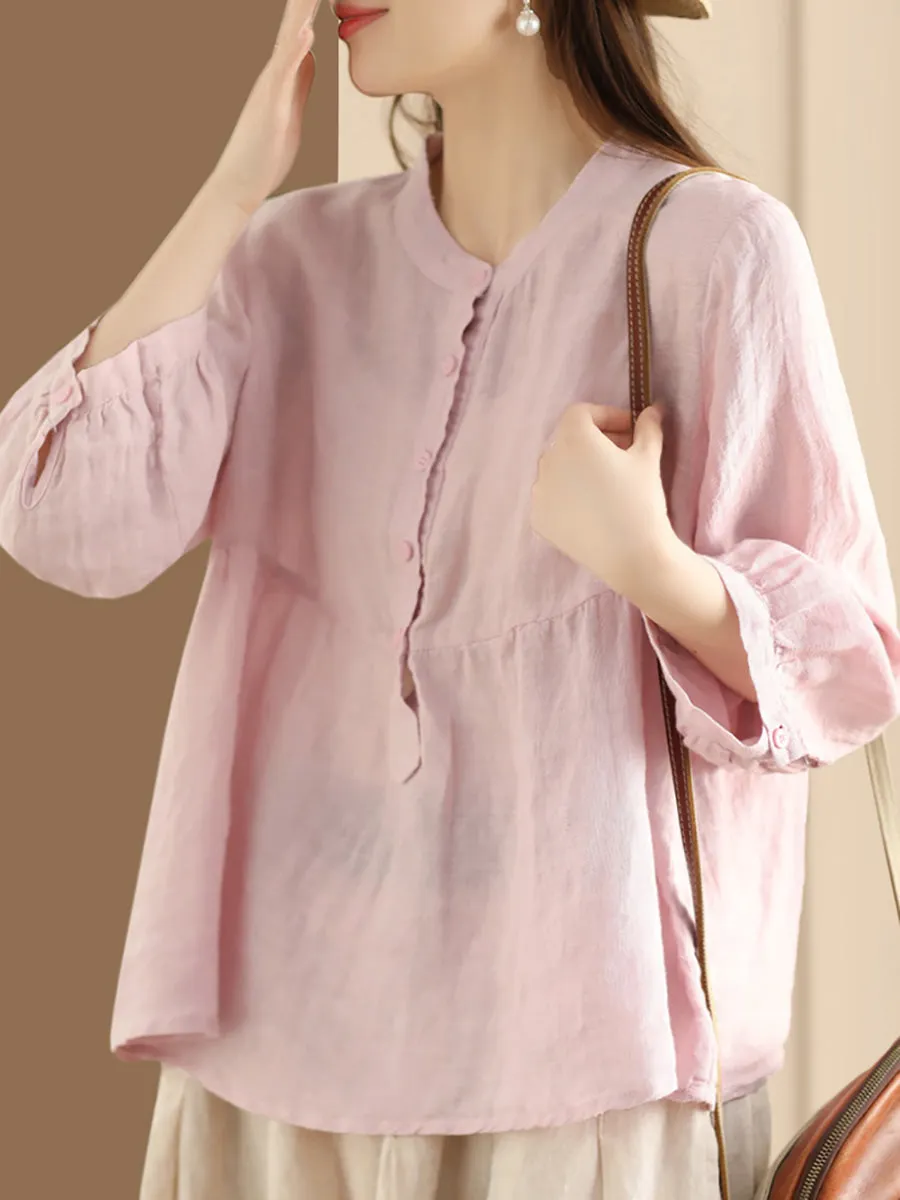 Women Retro Solid Spring Pullover Linen Shirt KL1030