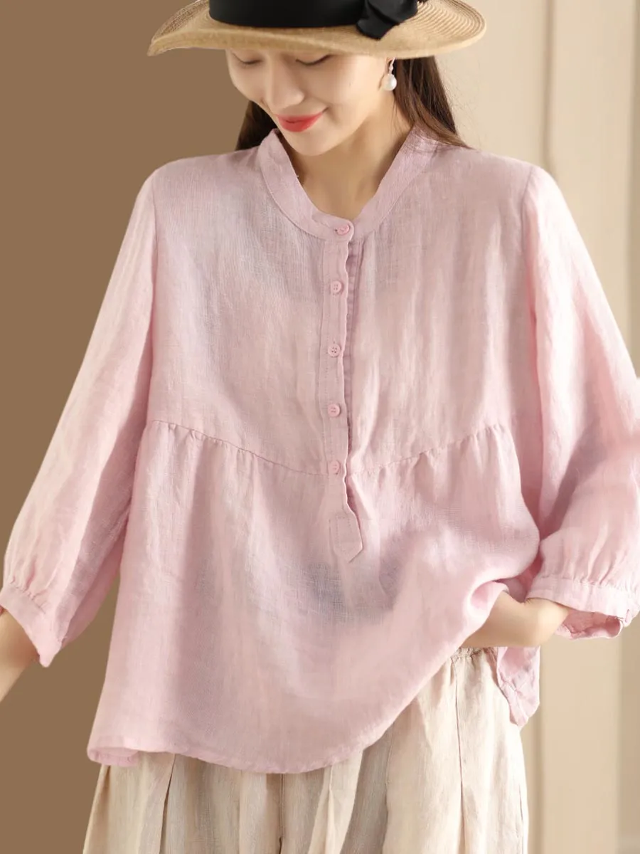 Women Retro Solid Spring Pullover Linen Shirt KL1030