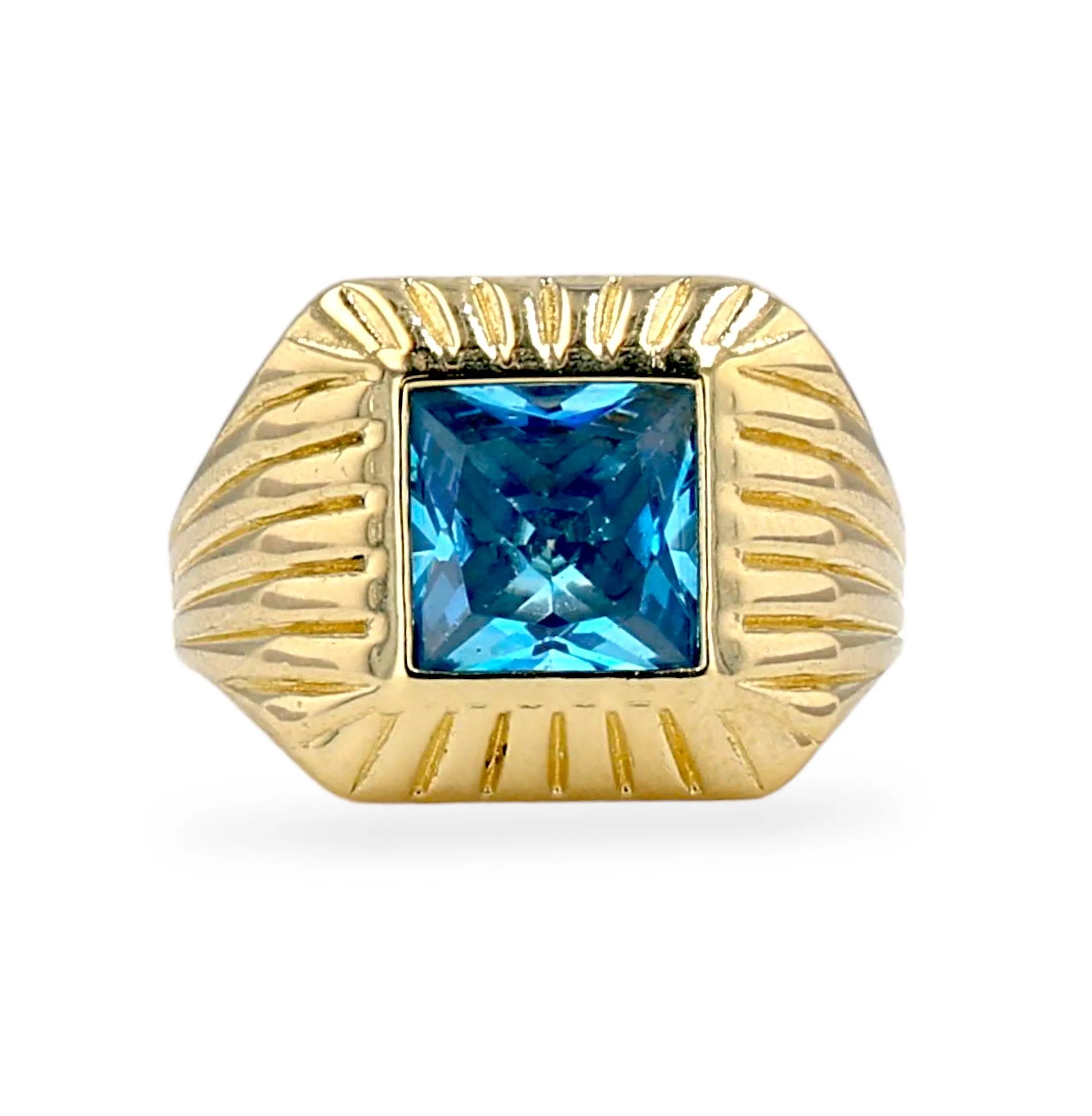 Yellow 14k gold square aqua man ring