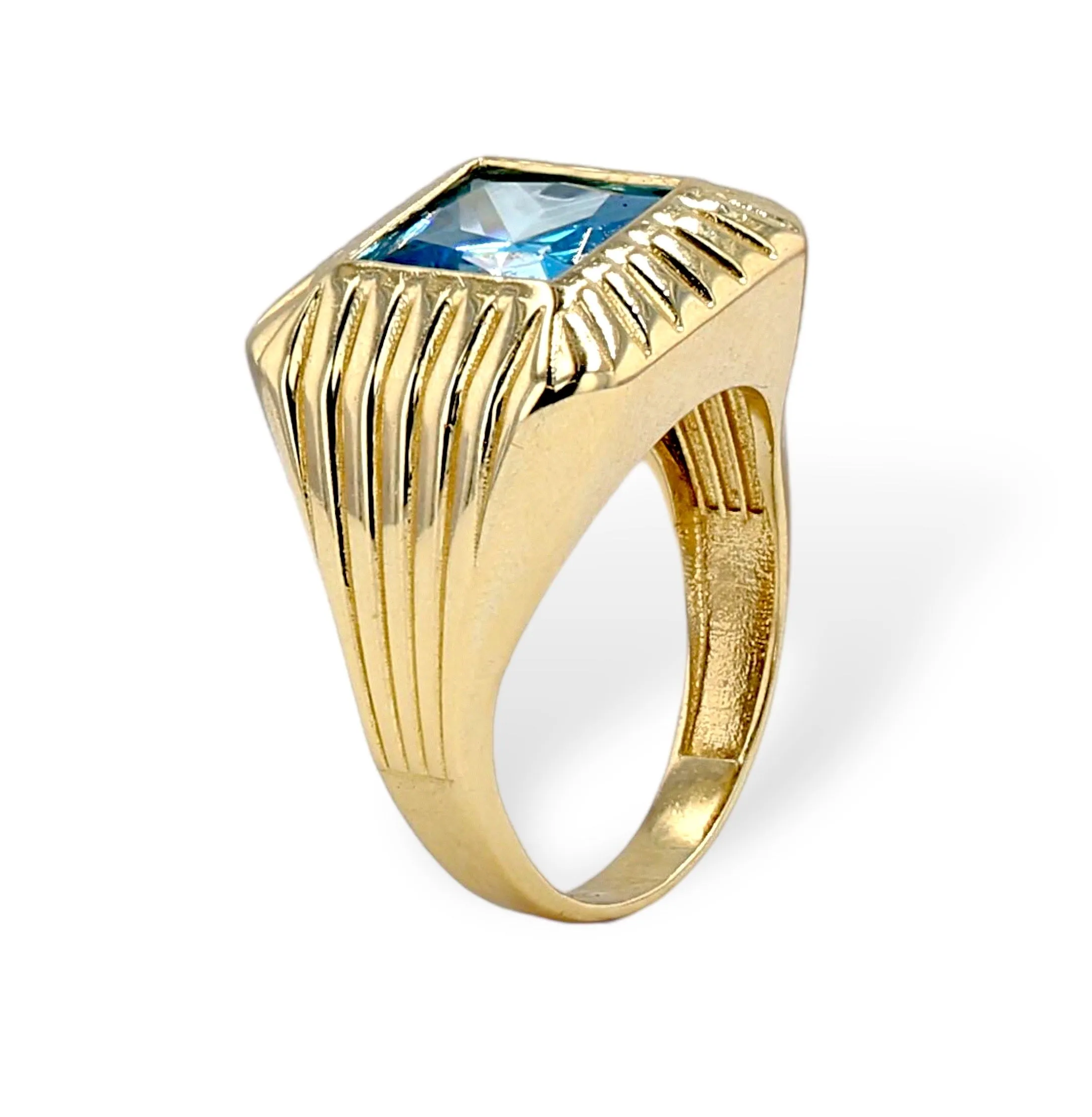 Yellow 14k gold square aqua man ring